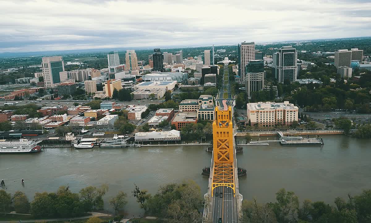 Drone view of Tower Bridge and the downtown Sacramento skyline
